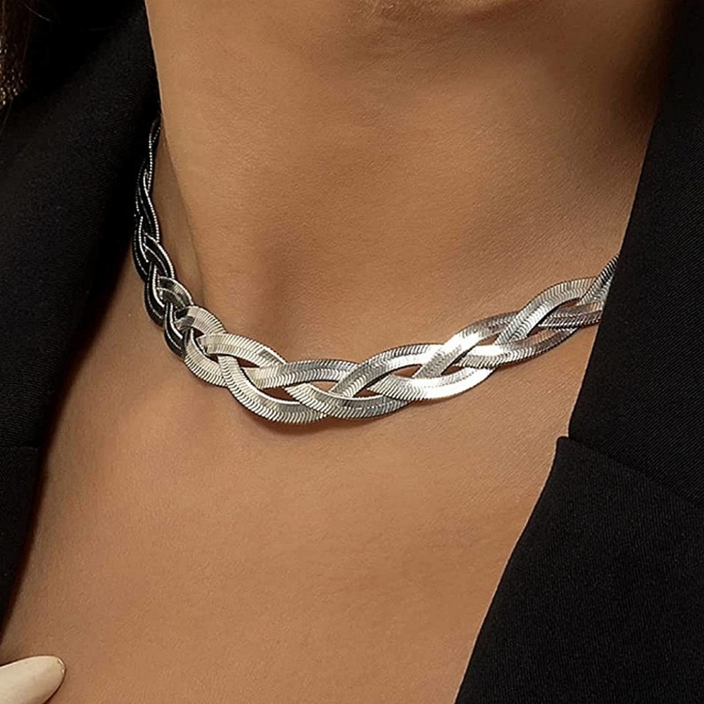 Braided Sterling Silver Herringbone Flat Snake Choker Necklace